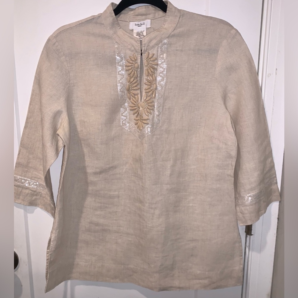 Kate Hill Petite 100% Linen Beaded Tunic Top‎ PL Neutral Embellished Boho